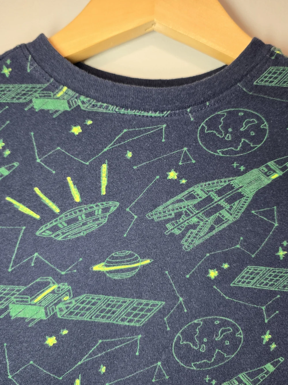 Old Navy Navy Long-Sleeve Space Print Tee with Neon Green Accents Soft Cotton.